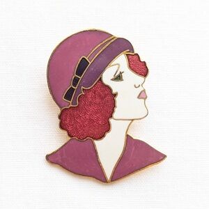 Vintage Woman Redhead Brooch Lapel Pin Art Deco Style